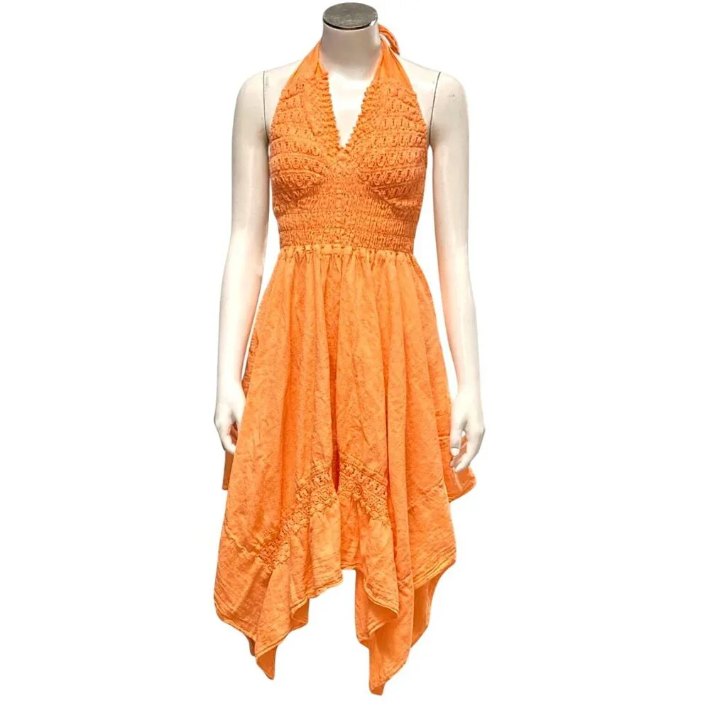 Orange Halter Dress Crochet Embroidered Boho Summer Resort Vacation Beach Vibes - Picture 2 of 8